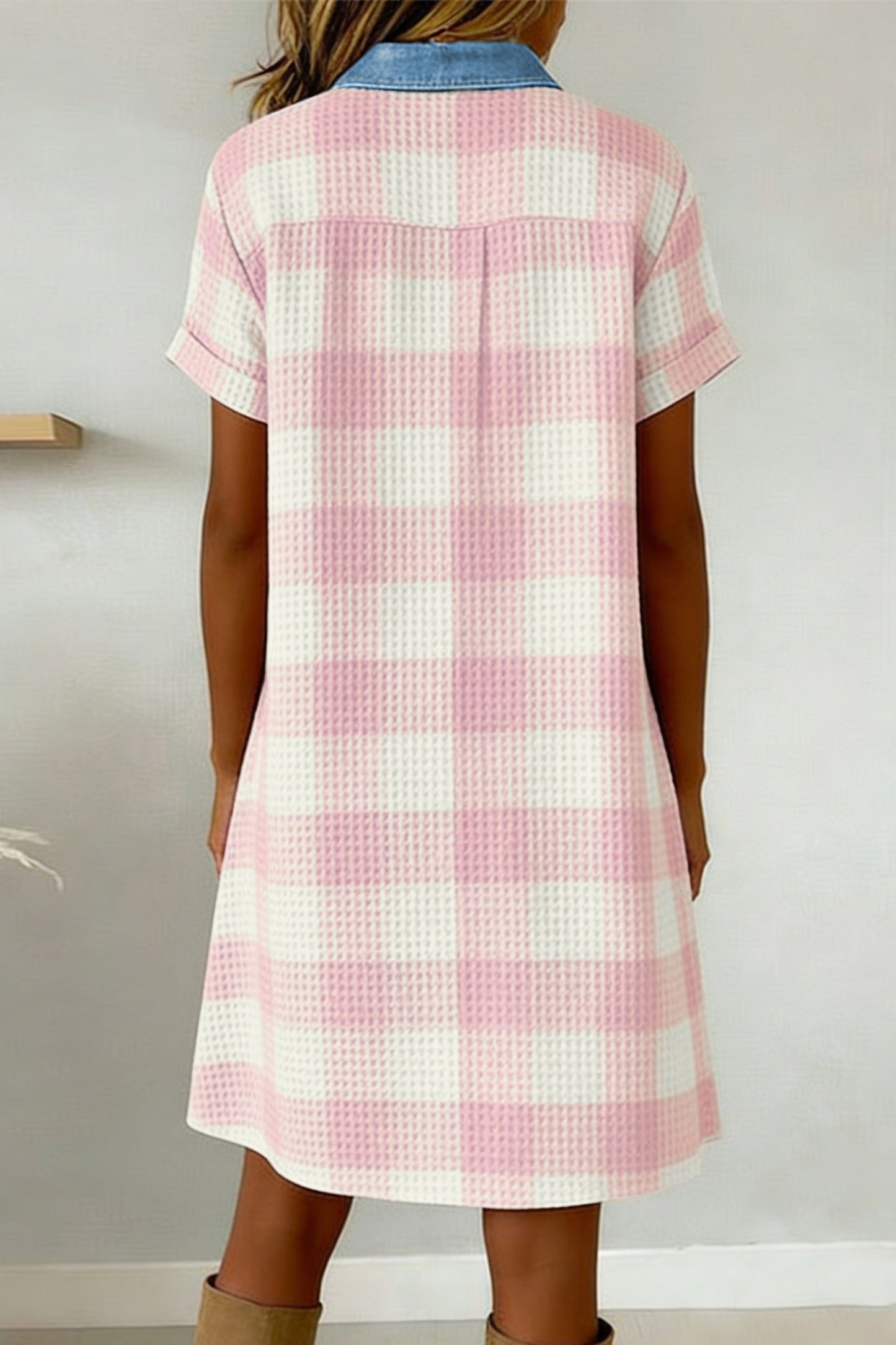 Pink Waffle Plaid Print Contrast Denim Shirt Collar Buttoned T Shirt Mini Dress