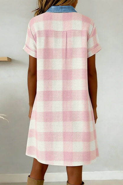 Pink Waffle Plaid Print Contrast Denim Shirt Collar Buttoned T Shirt Mini Dress