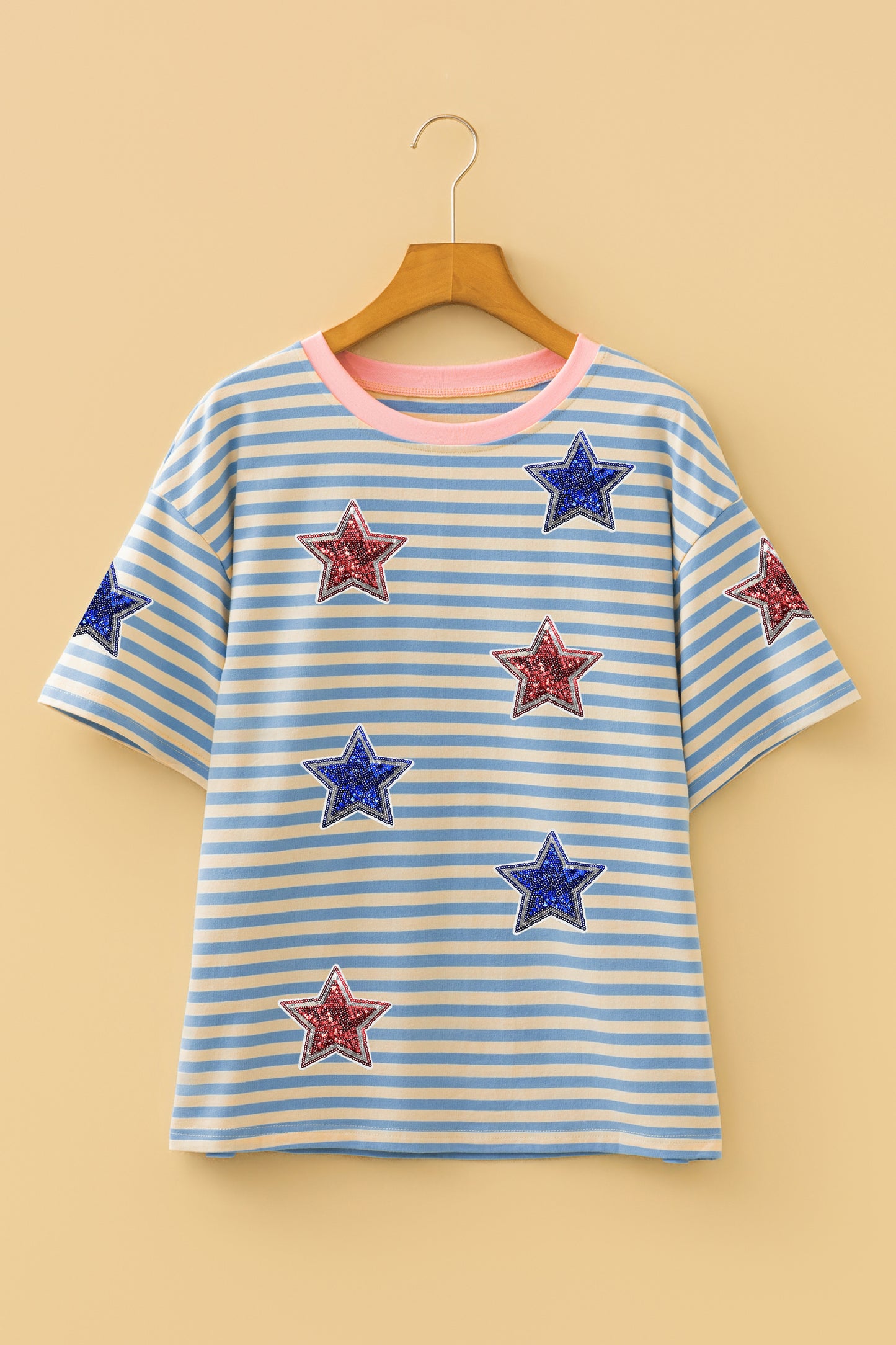Sky Blue Stripe Patriotic Sequin Stars Decoration Short Sleeve T Shirt