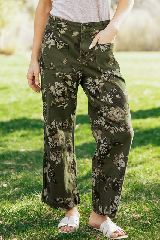 Green Vintage Floral Print Square Patch Pocket Raw Hem Shift Jeans