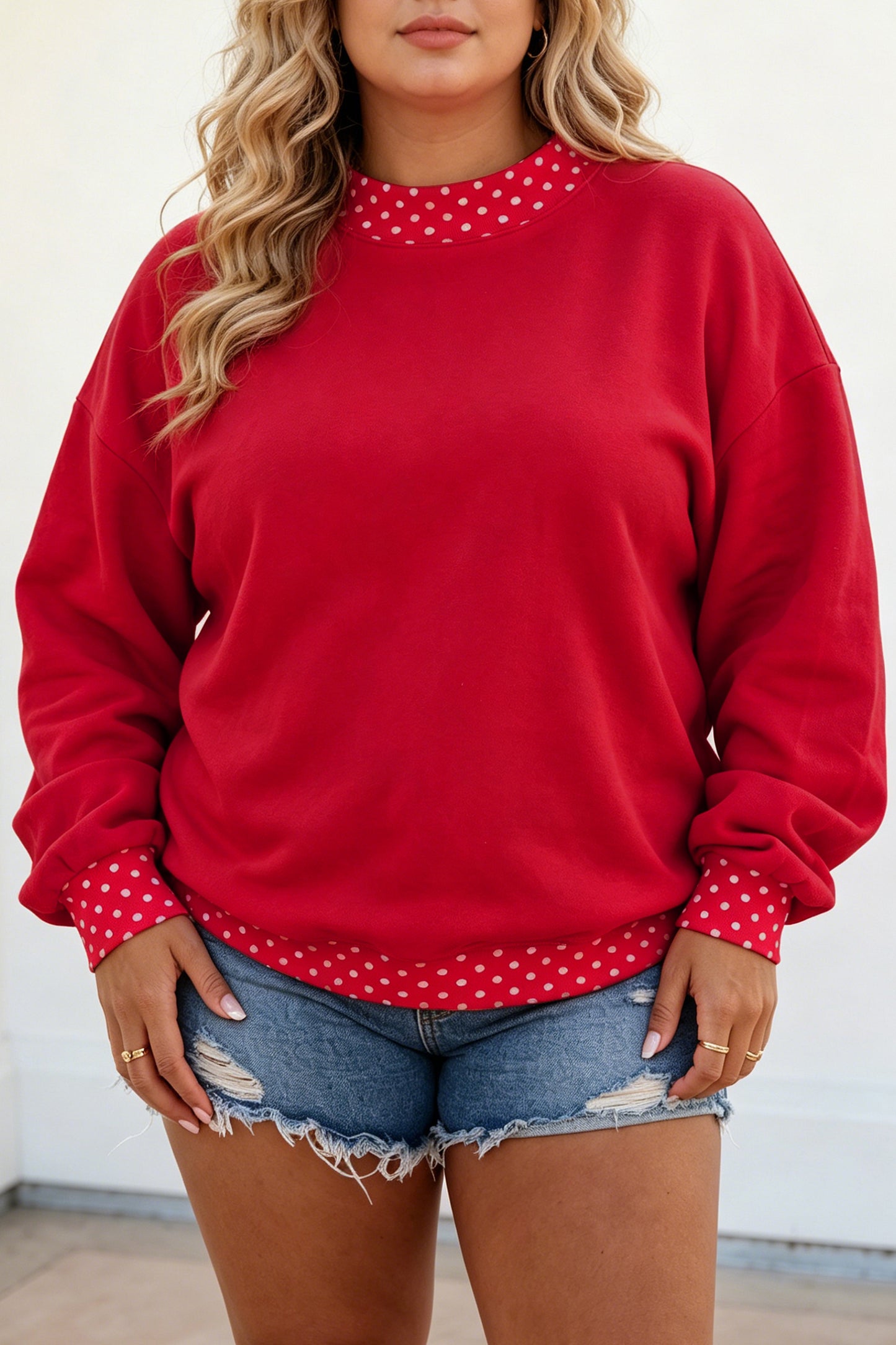 Red Polka Dot Patchwork Round Neck Plus Size Sweatshirt
