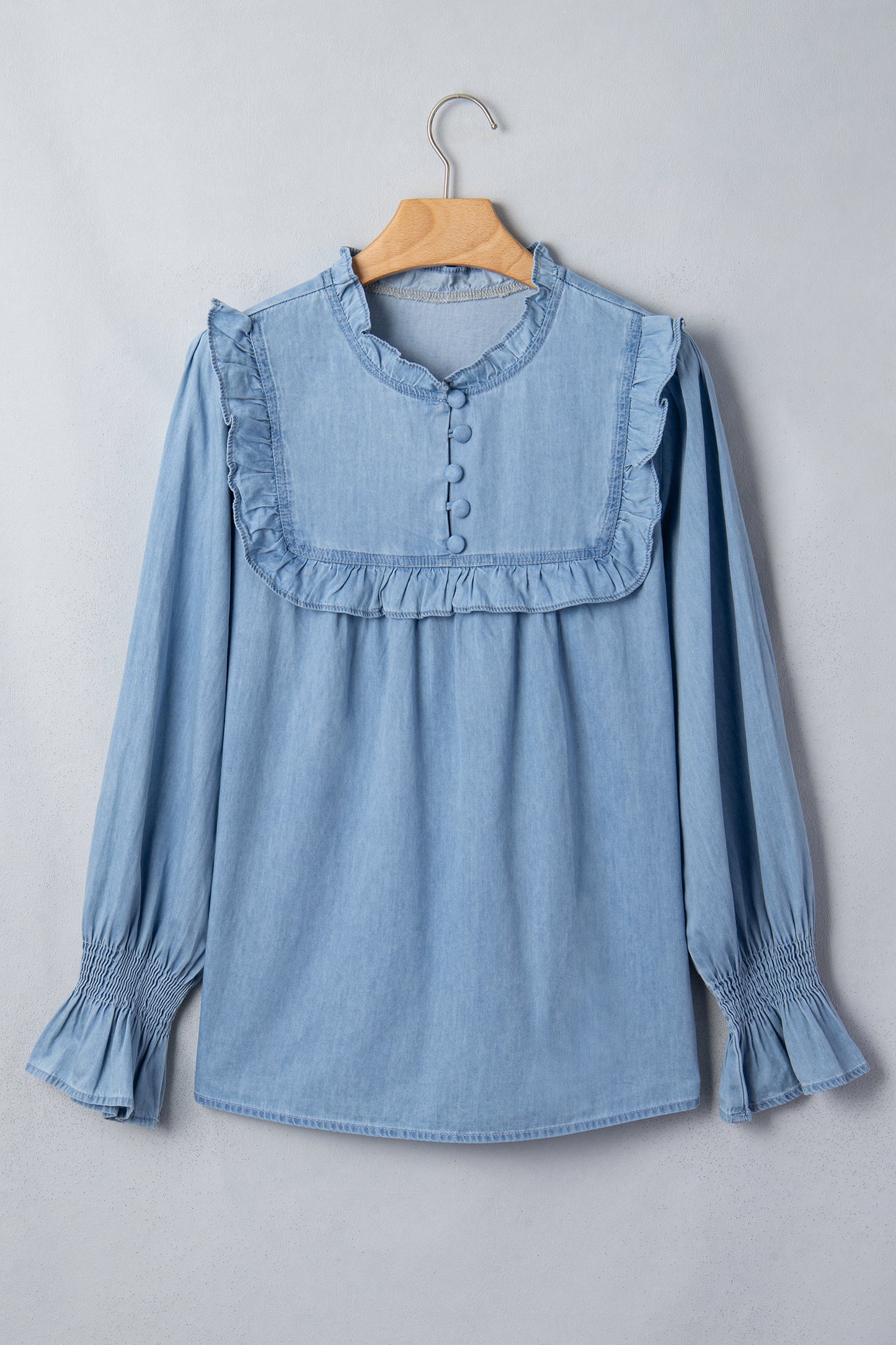 Beau Blue Western Ruffle V Neck Long Sleeve Chambray Blouse