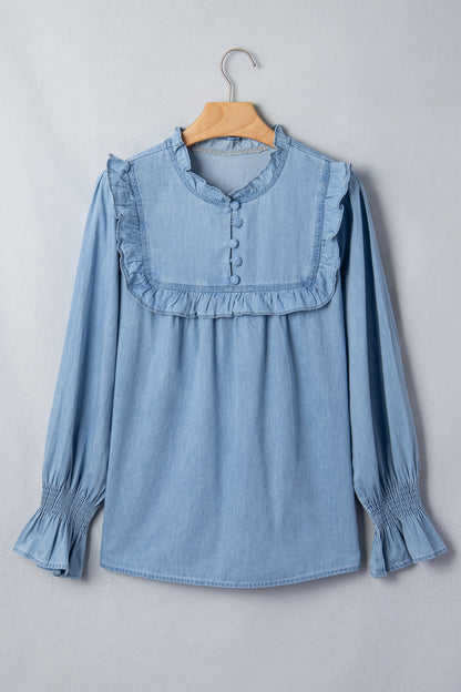 Beau Blue Western Ruffle V Neck Long Sleeve Chambray Blouse