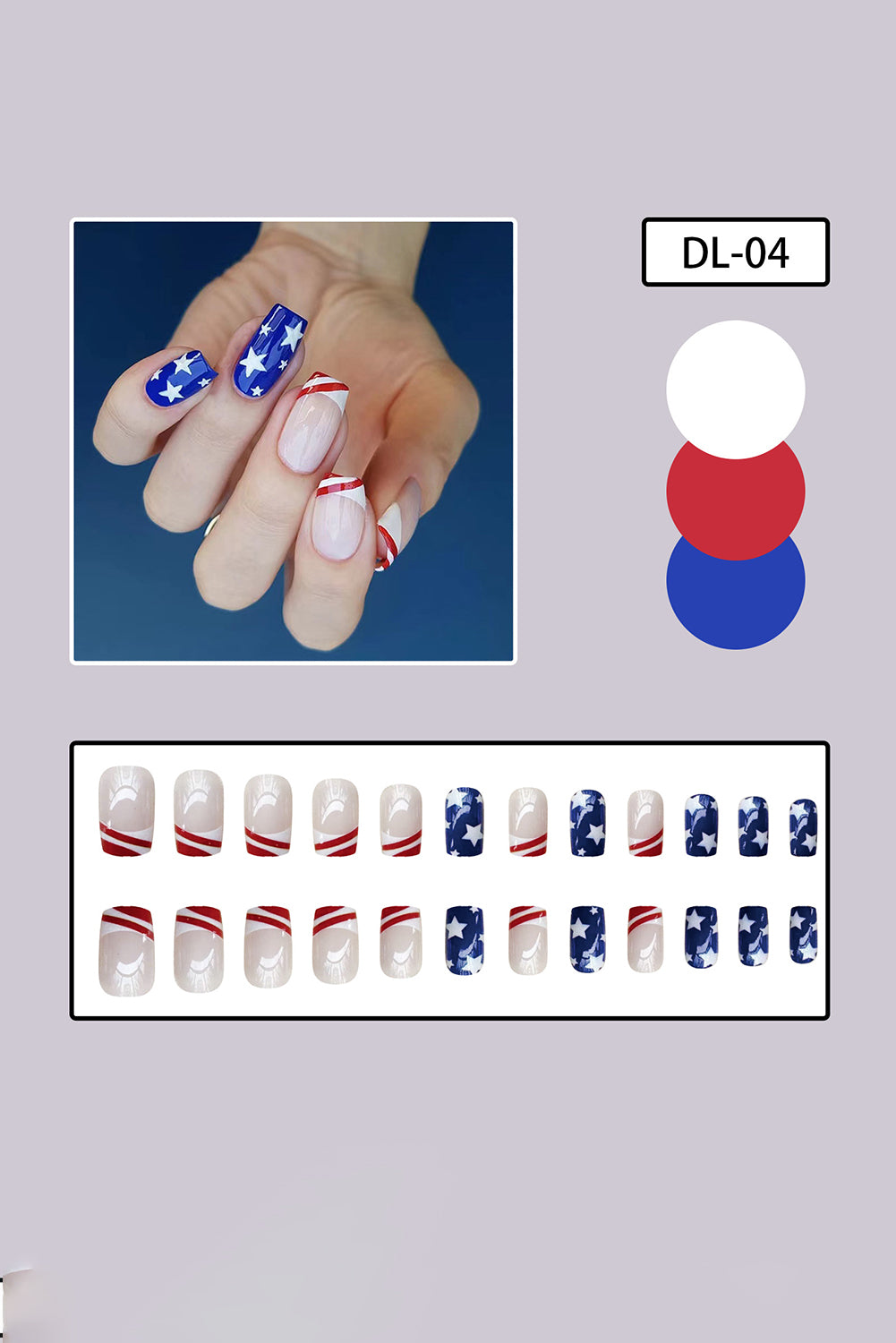 Uñas postizas multicolor con bloques de color de bandera estadounidense, 24 piezas