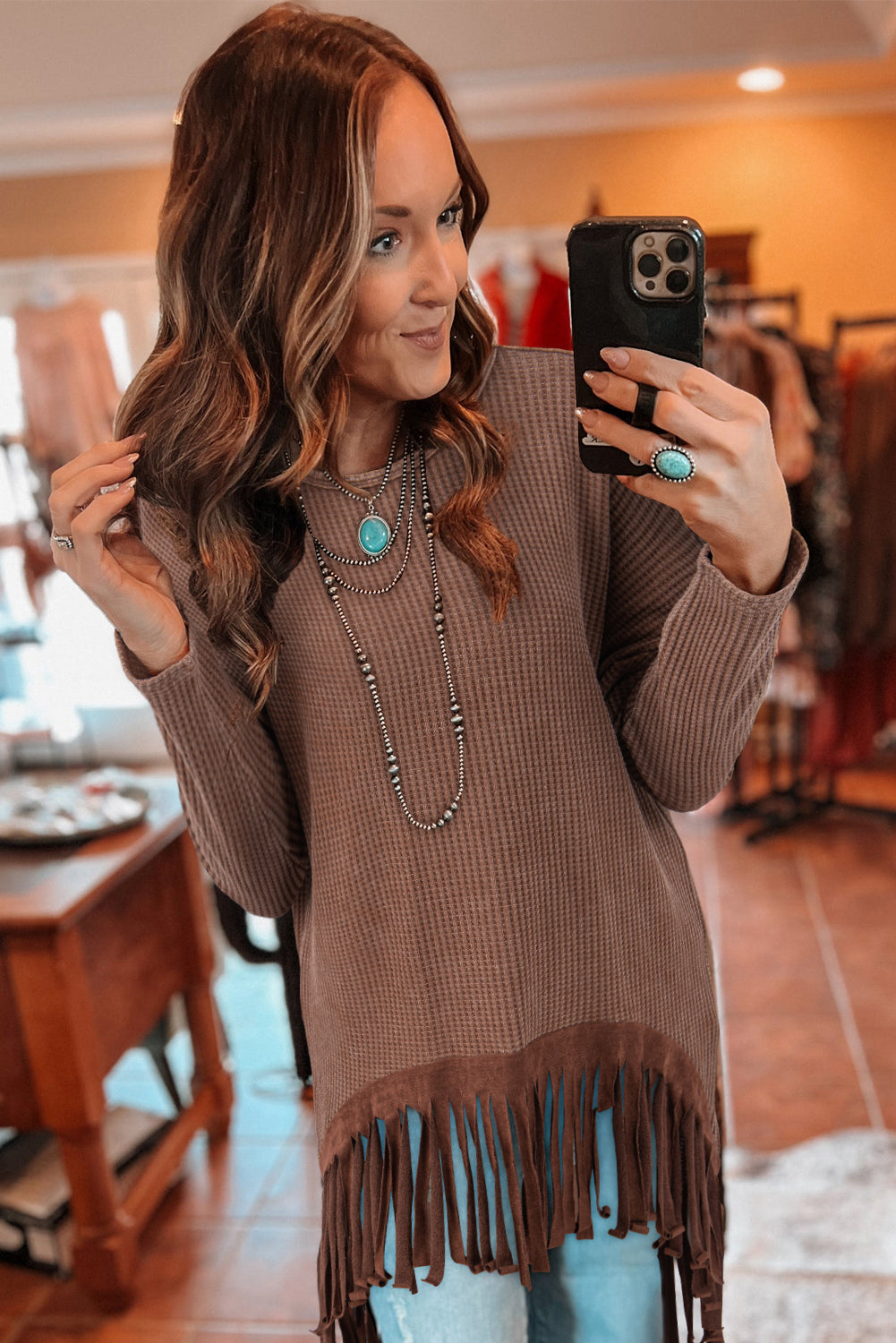Coffee Waffle Knit Fringed High Low Loose Top – HannaBanna Clothing