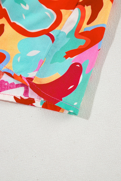 Chemisier à manches mi-longues et col en V avec cordon de serrage et imprimé abstrait rose rouge