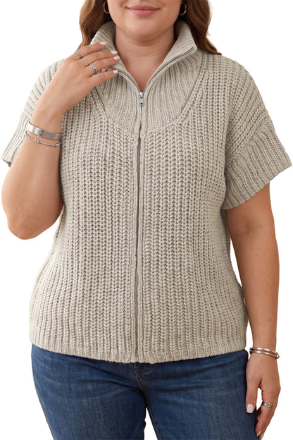 Jet Stream Plus Size Short Sleeve Ribbed Knit Zip Up Tunic Sweater