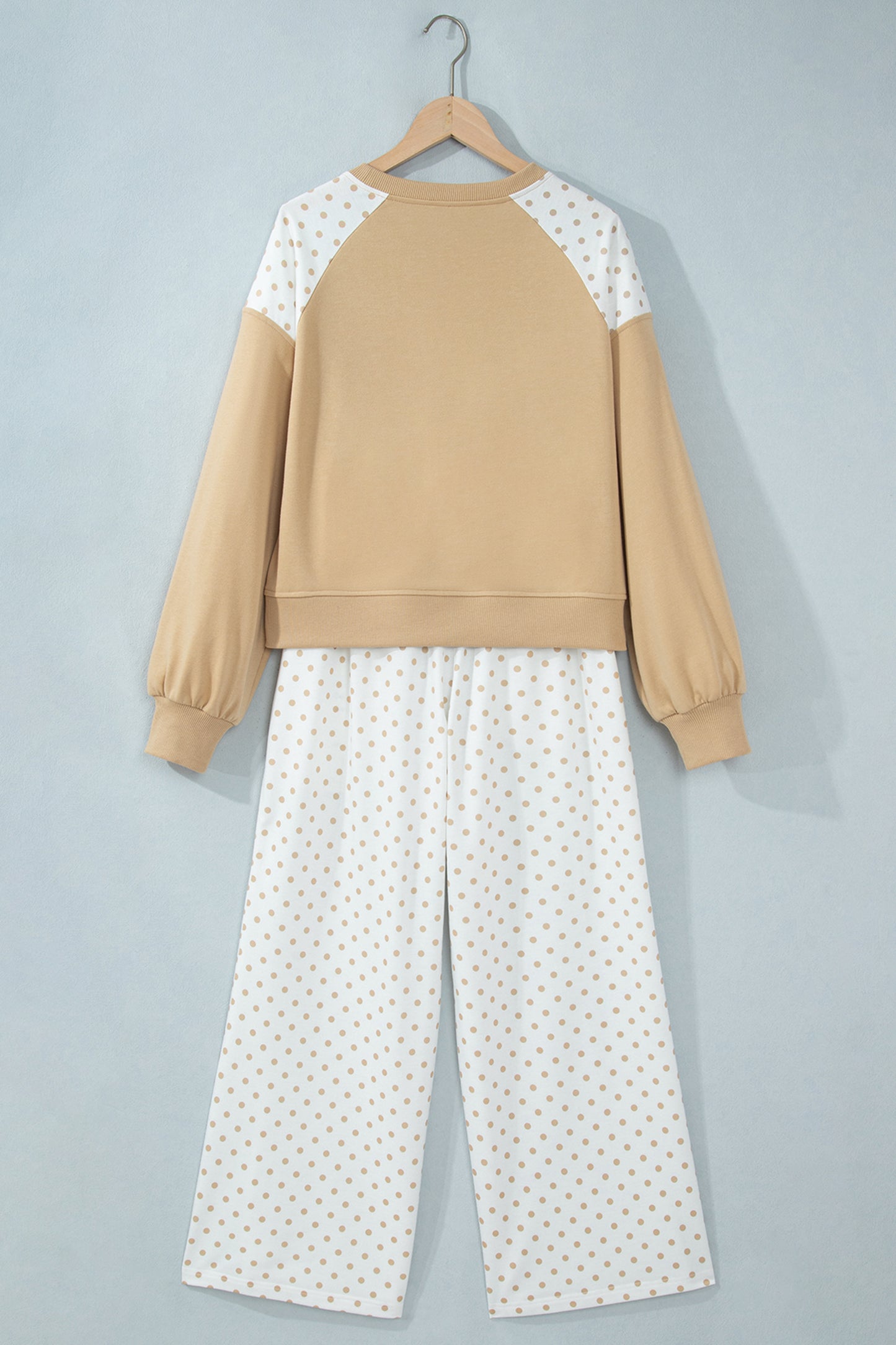 Khaki Polka Dot Patchwork Colorblock Long Sleeve Casual Two Piece Pants Set
