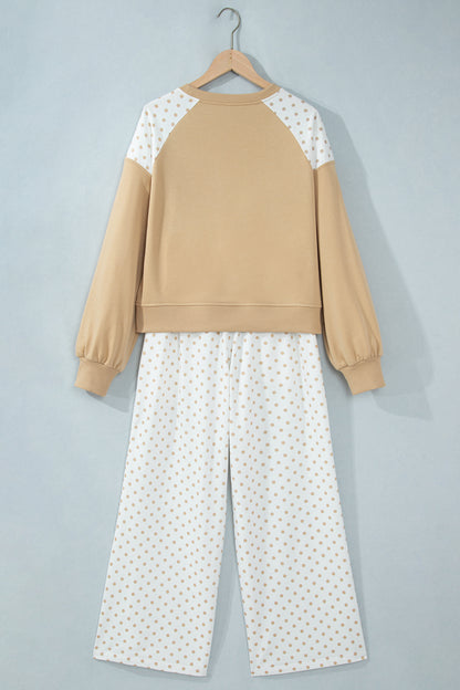Khaki Polka Dot Patchwork Colorblock Long Sleeve Casual Two Piece Pants Set