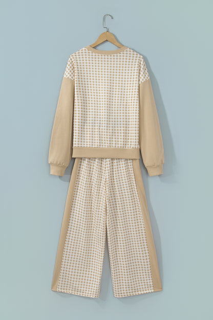 Khaki Color Block Plaid Patchwork Long Sleeve Pullover Wide Leg Pant Set