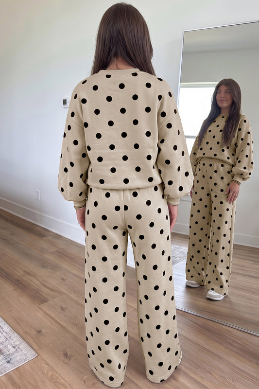 Beige Polka Dot Puff Sleeve Top Casual Pants 2pcs Set