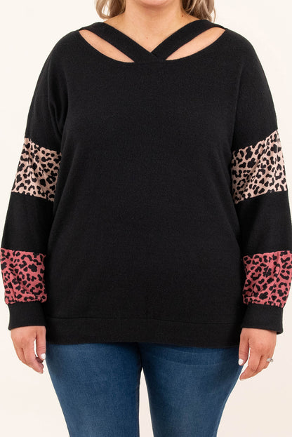 Top con cuello de tiras y patchwork de leopardo de talla grande