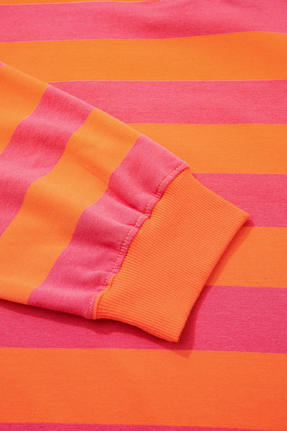 Orange Stripe Ribbed Trim Stand Neck Dropped Shoulder Plus Size Sweatshirt