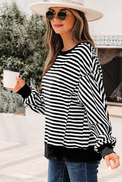 Black Stripe Exposed Seam Drop Shoulder Casual Pullover Top