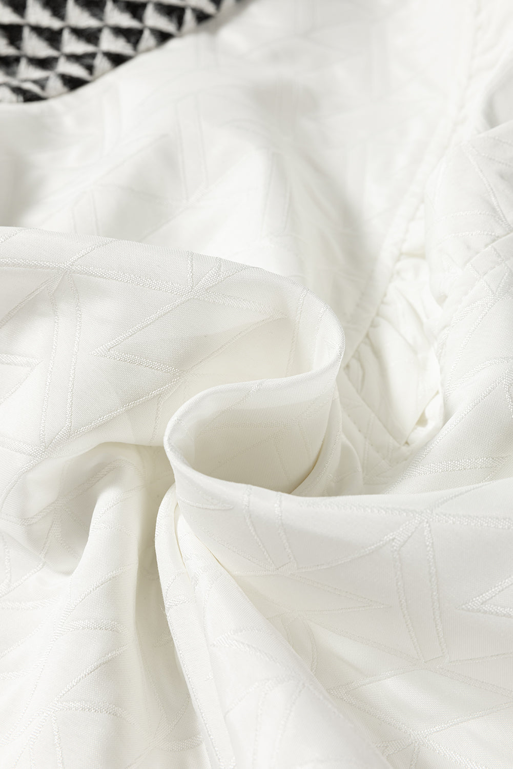 White Geometric Textured Short Sleeve Frilly V Neck Blouse