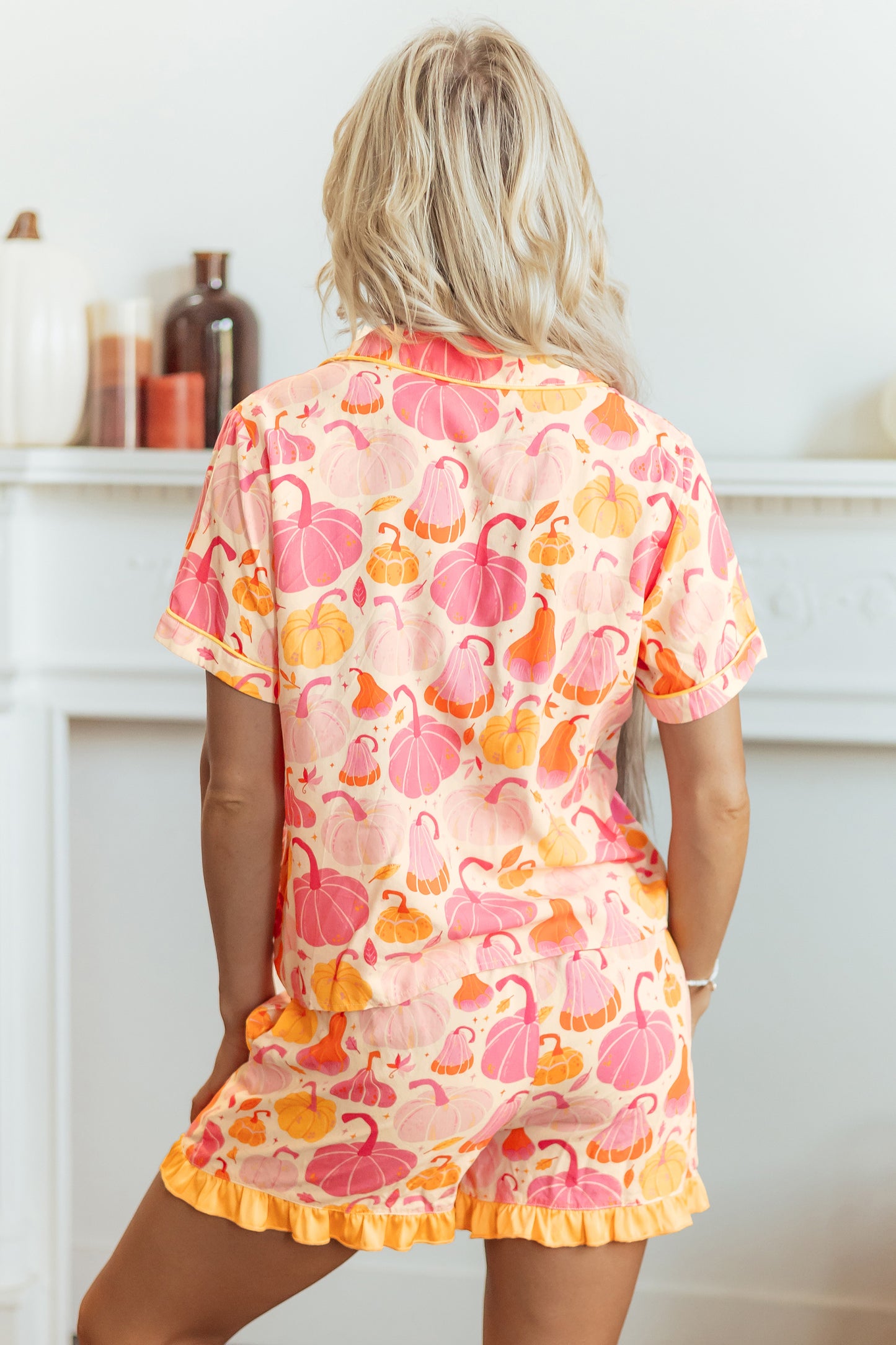 Pink Short Sleeve Pumpkin Print Pocket Placket Shell Button Lounge Set