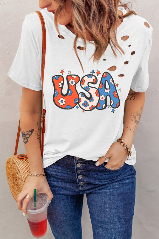 White Flower USA Graphic Distressed Tee