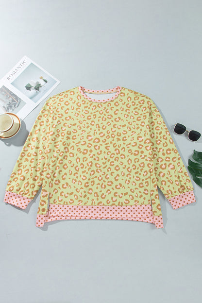 Khaki Plus Size Leopard Print Contrast Polka Dot Trim Long Sleeve Top
