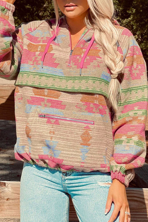 Multicolor Aztec Printed Kangaroo Pocket Zipped Hoodie