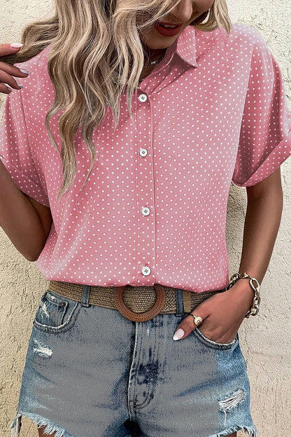 Pink Dotted Print Cuffed Short Sleeve Shirt