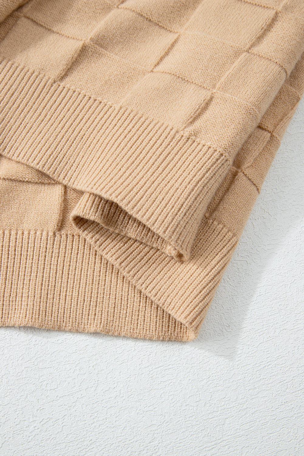 Pull en tricot texturé à carreaux uni beige clair grande taille