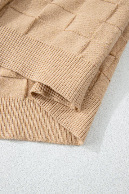 Pull en tricot texturé à carreaux uni beige clair grande taille