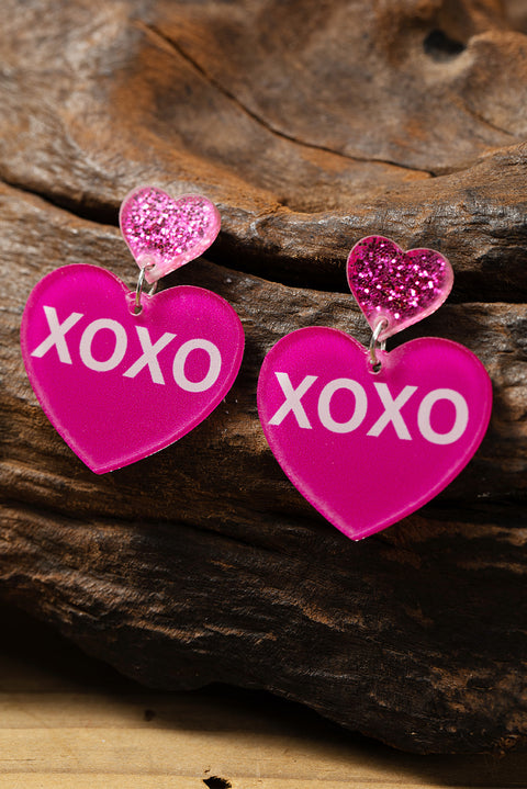 Rose Red Valentine XOXO Print Double Heart Shape Earrings