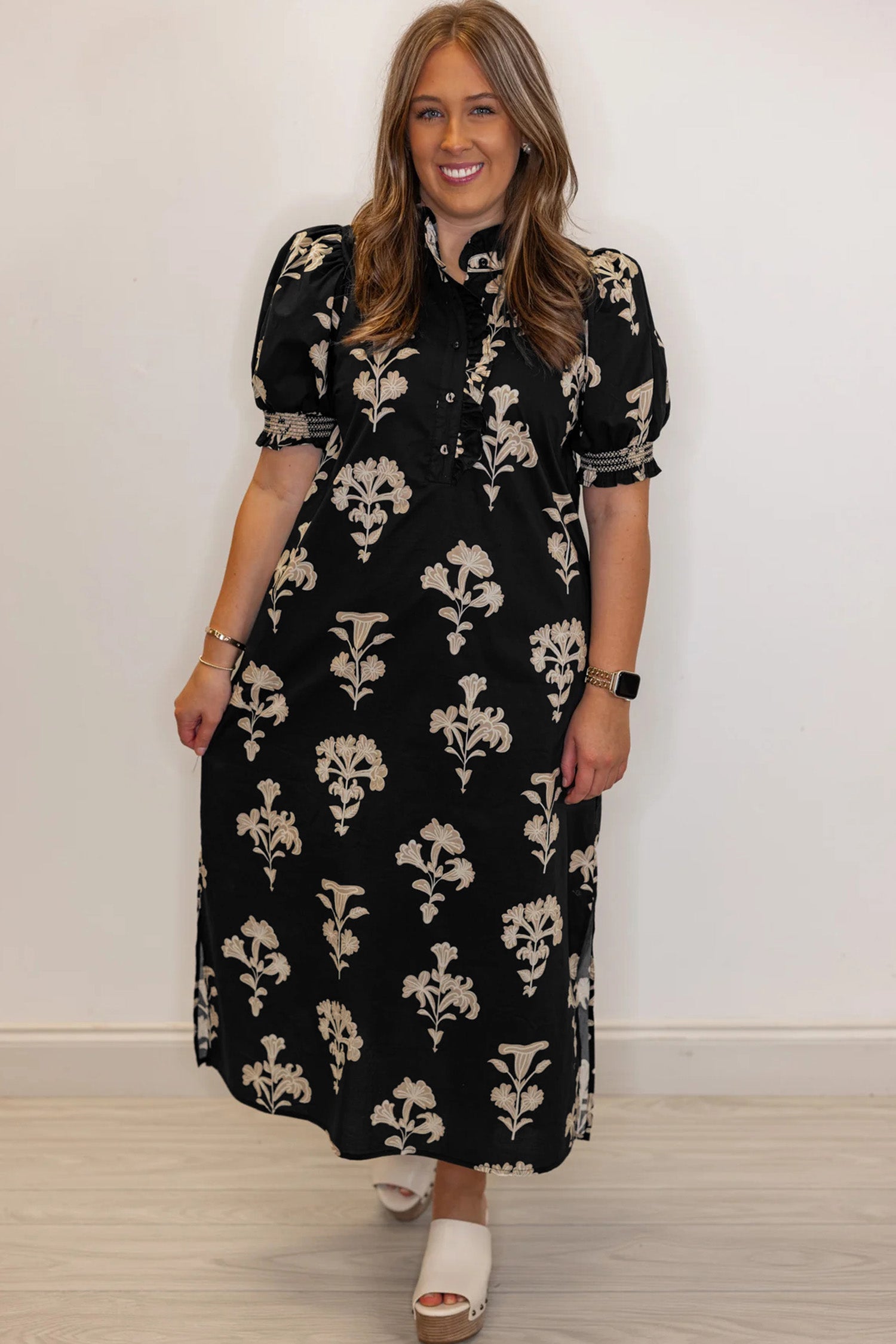 Black Floral Print Frilled Collar Short Puff Sleeve Maxi Dress