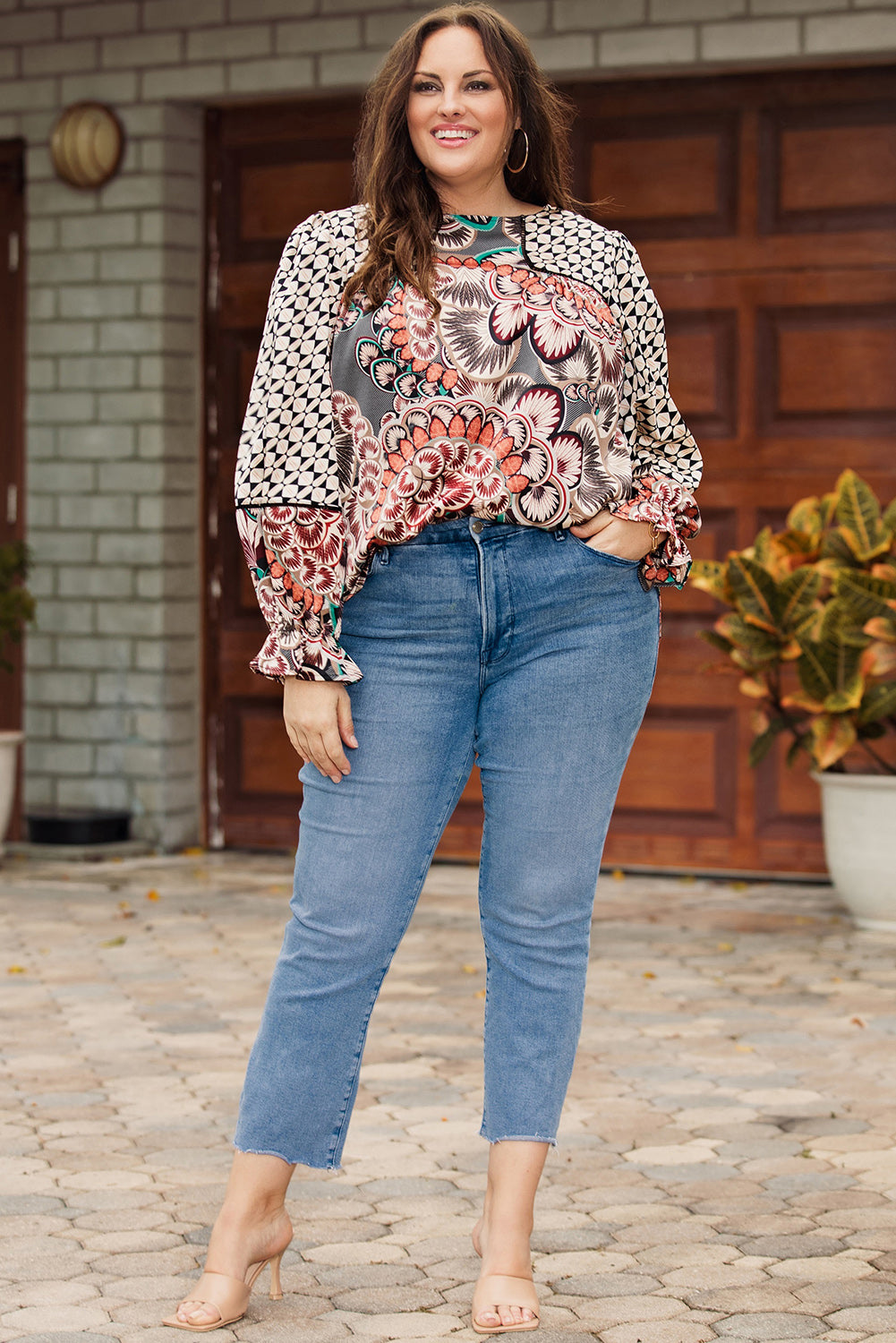 Black Mixed Floral Geometric Print Ruffled Long Sleeve Blouse