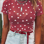 Racing Red Allover Heart Print Mesh Short Sleeve Top