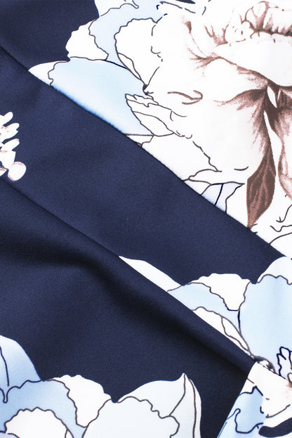 Robe mi-longue moulante fendue à épaules dénudées et imprimé floral bleu foncé