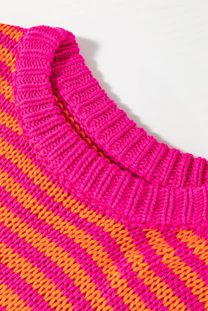 Pull à rayures roses, manches bouffantes 3/4, épaules tombantes