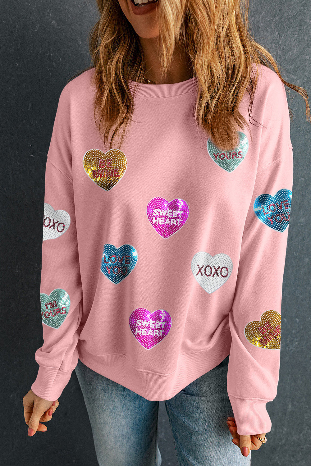 Sweat-shirt de Saint-Valentin à paillettes roses et motif cœur romantique
