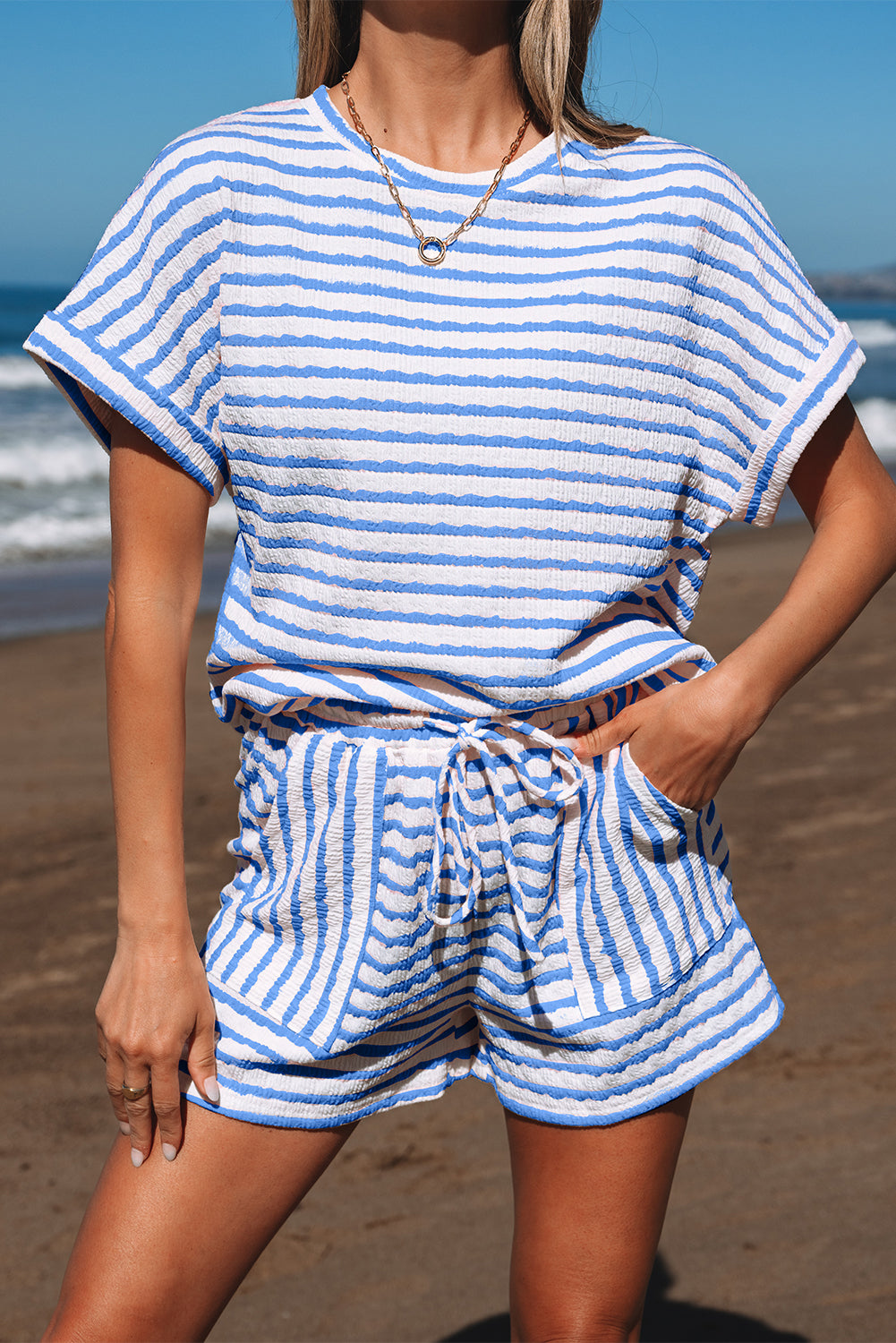 Sky Blue Stripe Knitted Short Sleeve Top and Drawstring Shorts Set