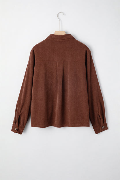 Coffee Floral Embroidered Collar Button Front Corduroy Jacket With Pocket