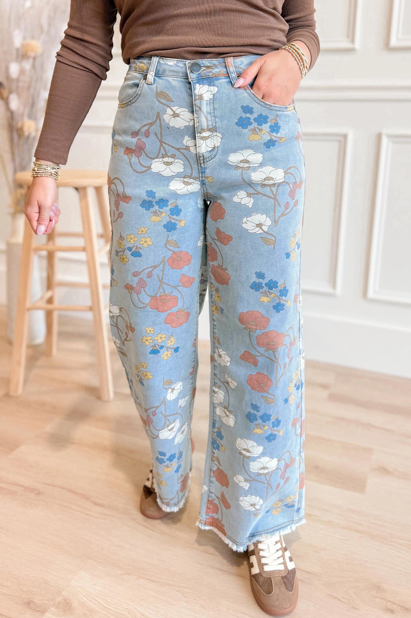 Sky Blue Floral Printed Raw Hem Shift Jeans