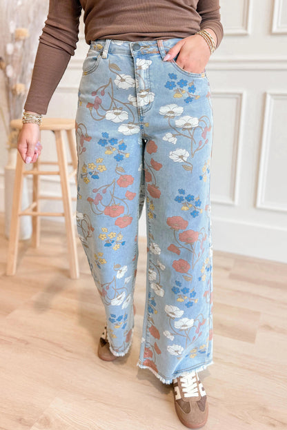 Sky Blue Floral Printed Raw Hem Shift Jeans