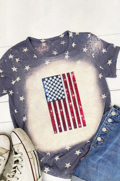 Blue Tie Dye Star Sequin American Flag Graphic T Shirt