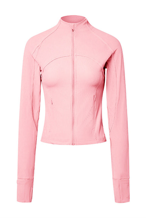 Pink Ribbed Stitching Thumbhole Sleeve Zip Up Active Top