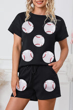 Black Trendy Texture Sequin Baseball Graphic Short 2pcs Set