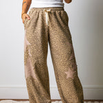 Khaki Leopard Print Star Patched Drawstring Elastic Waist Jogger Pants