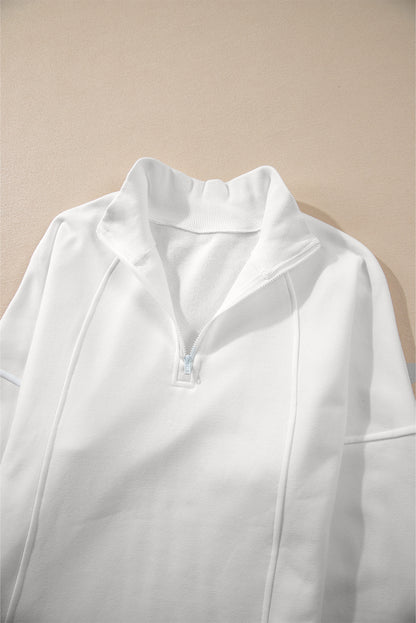 Sweat-shirt blanc à col zippé et épaules tombantes