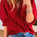 Fiery Red Solid Color Frilled V Neck Bow Detail 3/4 Sleeve Blouse