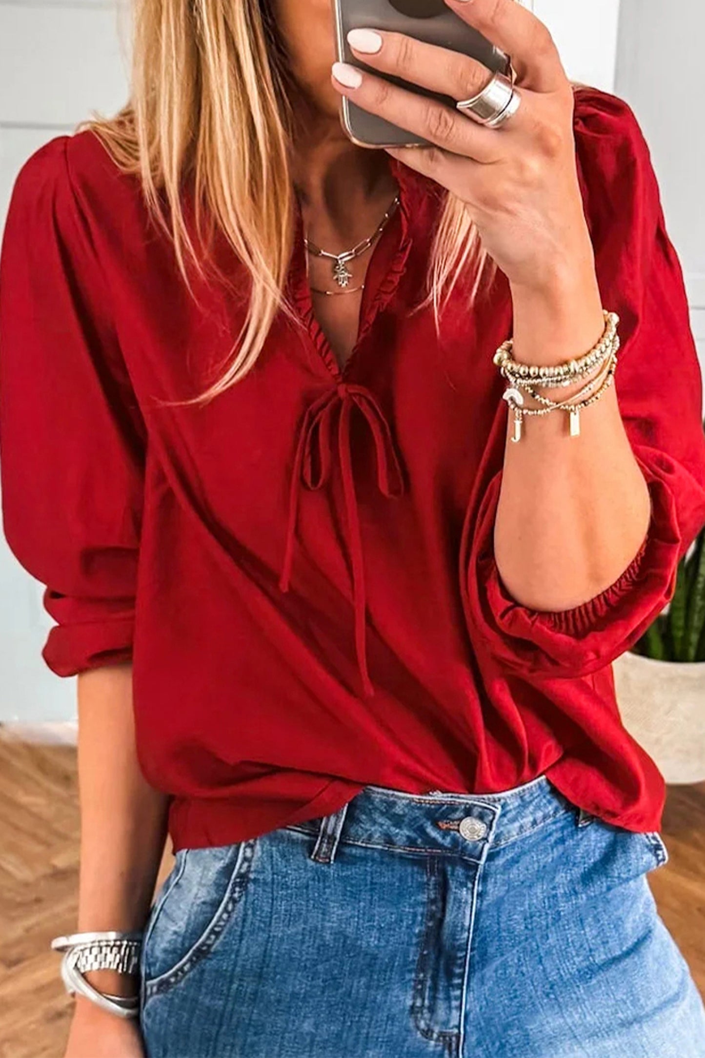 Blackish Green Solid Color Frilled V Neck Bow Detail 3/4 Sleeve Blouse