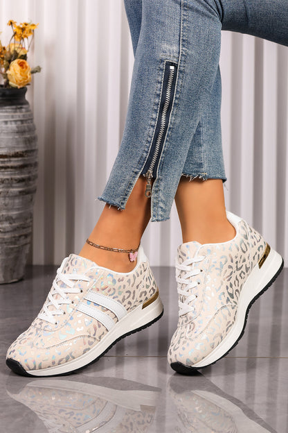White Leopard Print Lace-Up Low-Top Sneakers with Rubber Sole