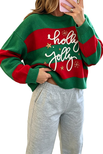 Green Stripe Festive Holly Jolly Sequin Christmas Holiday Sweater