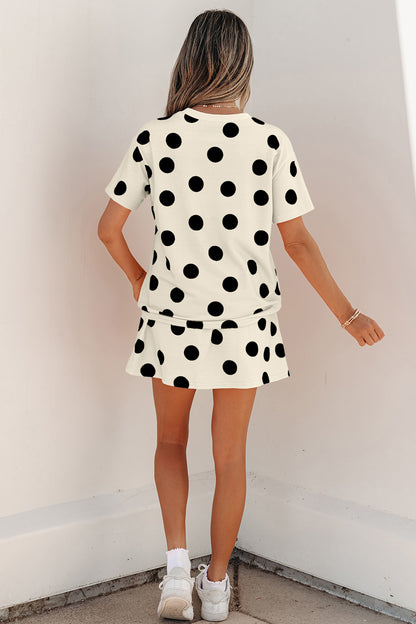 White Polka Dot Short Sleeve Top Casual Skort 2pcs Outfit