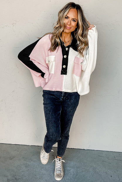 Haut à col Henley multicolore avec poches à rabat et blocs de couleurs 