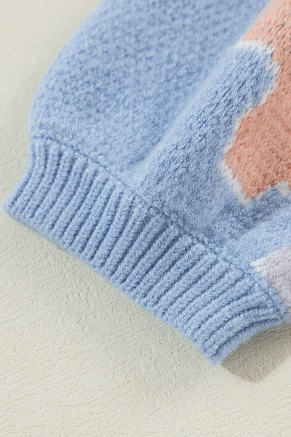 Pull tricoté à col rond et épaules tombantes à motif floral bleu Beau