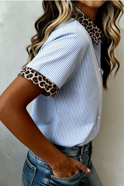 Sky Blue Stripe Leopard Contrast Collar Short Sleeve Shirt